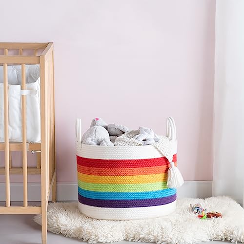 Mkono Rainbow Cotton Rope Woven Decorative Storage Basket Baby Nursery Decor Toy Organizer Large Laundry Hamper Baskets for Bedroom Classroom Playroom Kids Room