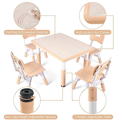 DOREROOM Height-Adjustable Kids Table and 4 Chairs Set, Toddler Table and Chair Set with Graffiti Desktop, 31.5''L x 23.6''W Children Activity Table for Daycare, Classroom, Home