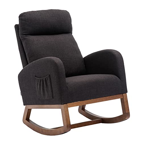 NIOIIKIT Nursery Rocking Chair, Upholstered Glider Chair for Nursery, Accent Rocker Chair with Tall Back & Side Pockets, Modern Leisure Single Arm Chair for Living Room, Bedroom (Black)