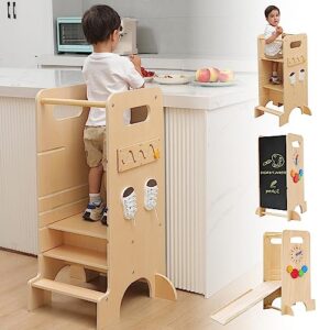 learning tower, juzbot 4 in 1 toddler tower kitchen stool helper wooden height adjustable standing tower for kitchen counter with slide, high chair, chalkboard montessori activities