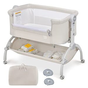 baby joy baby bassinet, 3-in-1 rocking bassinet w/storage basket, double-lock design, 7 adjustable heights, soft mattress & portable travel bag, bassinet bedside sleeper for newborns infants (beige)