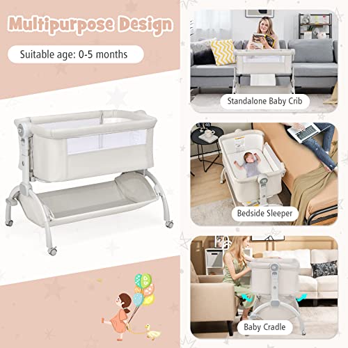 HONEY JOY Portable Baby Bassinet, 3-in-1 Bedside Sleeper Cradle w/Soft Mattress & Storage Basket, Newborn Infant Travel Crib w/ 7-Level Adjustable Height, 4 Lockable Wheels & Carry Bag (Beige)