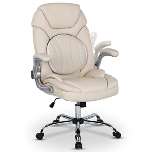 comermax modern executive office chairs with lumbar support, 90-120° rocking managerial chair ergonomic pu leather home office desk chairs with wheels, flip-up arms & back support (white)