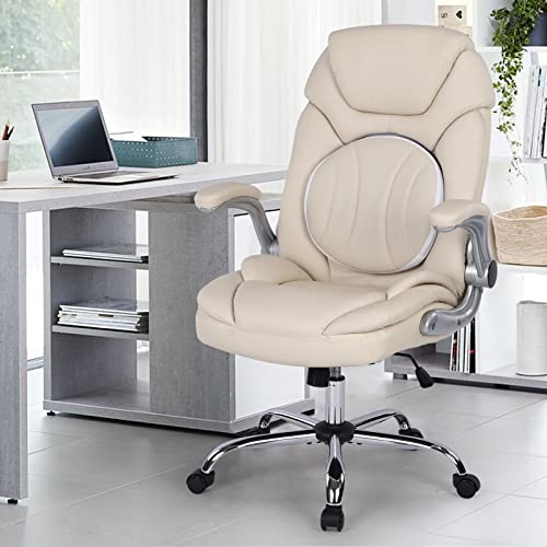 Comermax Modern Executive Office Chairs with Lumbar Support, 90-120° Rocking Managerial Chair Ergonomic PU Leather Home Office Desk Chairs with Wheels, Flip-up Arms & Back Support (White)