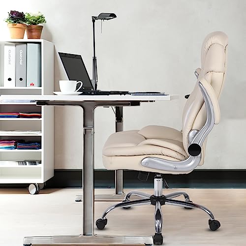 Comermax Modern Executive Office Chairs with Lumbar Support, 90-120° Rocking Managerial Chair Ergonomic PU Leather Home Office Desk Chairs with Wheels, Flip-up Arms & Back Support (White)