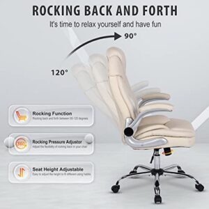 Comermax Modern Executive Office Chairs with Lumbar Support, 90-120° Rocking Managerial Chair Ergonomic PU Leather Home Office Desk Chairs with Wheels, Flip-up Arms & Back Support (White)