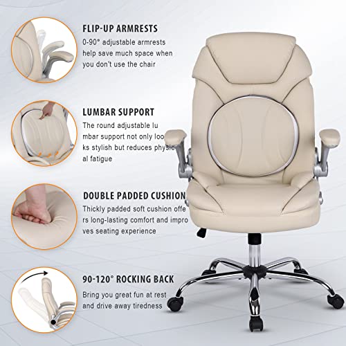 Comermax Modern Executive Office Chairs with Lumbar Support, 90-120° Rocking Managerial Chair Ergonomic PU Leather Home Office Desk Chairs with Wheels, Flip-up Arms & Back Support (White)