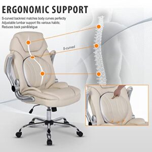 Comermax Modern Executive Office Chairs with Lumbar Support, 90-120° Rocking Managerial Chair Ergonomic PU Leather Home Office Desk Chairs with Wheels, Flip-up Arms & Back Support (White)