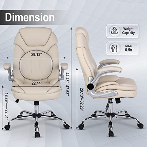 Comermax Modern Executive Office Chairs with Lumbar Support, 90-120° Rocking Managerial Chair Ergonomic PU Leather Home Office Desk Chairs with Wheels, Flip-up Arms & Back Support (White)