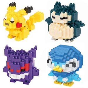 Pocket Monster Micro Building Building Blocks Sets for, 3D Mini Cute Anime Figures Collection Toys 4-PCS Kit Gifts for Adults and Kids