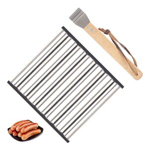 ilcenodie hot dog roller for grill, sausage roller rack with extra long wood handle, stainless steel bbq griller for 5 hot dog capacity evenly cooked