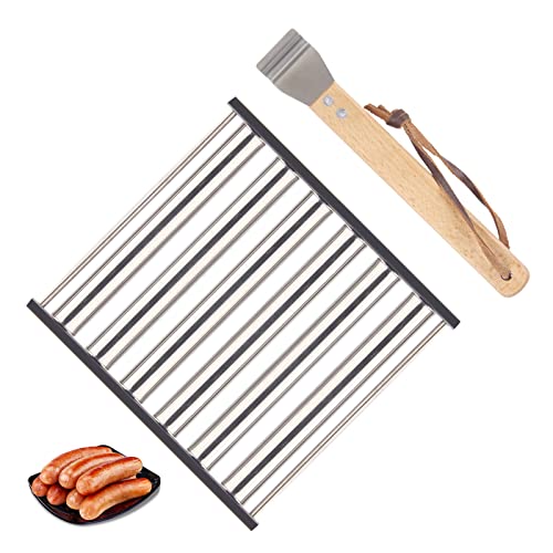 ILceNodie Hot Dog Roller for Grill, Sausage Roller Rack with Extra Long Wood Handle, Stainless Steel BBQ Griller for 5 Hot Dog Capacity Evenly Cooked