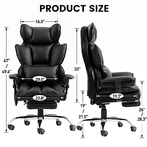 GURLLEU Executive Office Chair Office Desk Chair, Massage Reclining Office Chair with Foot Rest, Real High Back Office Chair with Lumbar Pillow Support PU Leather Computer Chair (Black)