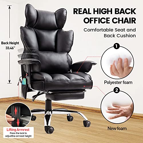 GURLLEU Executive Office Chair Office Desk Chair, Massage Reclining Office Chair with Foot Rest, Real High Back Office Chair with Lumbar Pillow Support PU Leather Computer Chair (Black)