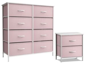 sorbus kids dresser with 8 drawers and 2 drawer nightstand bundle - matching furniture set - storage unit organizer chests for clothing - bedroom, kids rooms, nursery, & closet (pink)