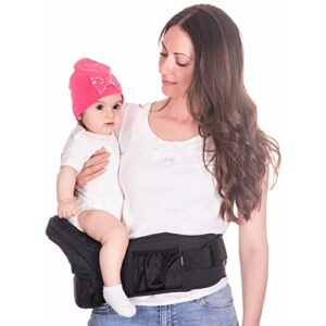 cozyone - cpc-certified hip seat baby carrier - new ergonomic bench design, adjustable waistband & various pockets for newborns & toddlers up to 44lbs, all seasons carrier(black)