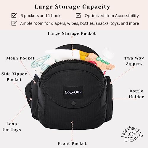 CozyOne - CPC-Certified Hip Seat Baby Carrier - New Ergonomic Bench Design, Adjustable Waistband & Various Pockets for Newborns & Toddlers up to 44lbs, All Seasons Carrier(Black)