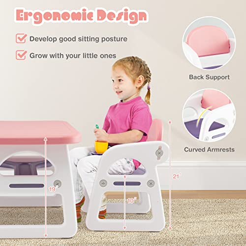 UIIAIOUIAIO Children Kids Table and Chair Set, 3 Pcs Plastic Activity Table for Toddlers w/Building Blocks, Storage Shelf for Reading Drawing Writing Arts Crafts, Toddler Table and Chair Set(Pink)