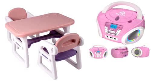 TinyGeeks Kids Table and Chairs Set Safe for Children Activity Table for Kids and Candy Kids Portable CD Player for Kids FM Radio - Batteries Included Bundle