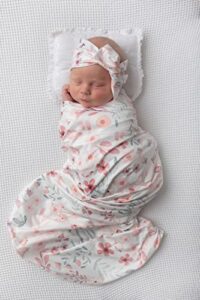 terriboo newborn receiving blanket and headband set flower print baby swaddle wrap floral (pink 2)