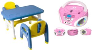 tinygeeks kids table and chairs set safe for children activity table for kids and candy kids portable cd player for kids fm radio - batteries included bundle