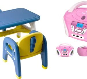 TinyGeeks Kids Table and Chairs Set Safe for Children Activity Table for Kids and Candy Kids Portable CD Player for Kids FM Radio - Batteries Included Bundle