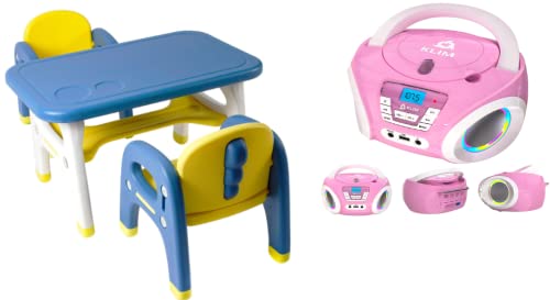 TinyGeeks Kids Table and Chairs Set Safe for Children Activity Table for Kids and Candy Kids Portable CD Player for Kids FM Radio - Batteries Included Bundle