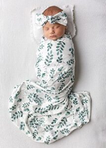 vollmic newborn baby girl baby boy unisex receiving blanket swaddle blanket swaddle set with matching headband and hat (green)