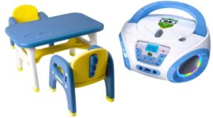 tinygeeks kids table and chairs set safe for children activity table for kids and tunes kids boombox cd player for kids fm radio - batteries included bundle