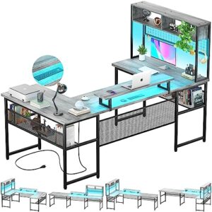 unikito u shaped computer desks with hutch, 106 inch large reversible l shaped office desk with power outlets and led strip, u shape gaming table with monitor stand and storage shelves, white oak