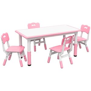 qaba kids table and chair set with 4 chairs, adjustable height, easy to clean table surface, for 1.5-5 years old, pink