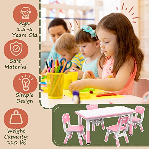 Qaba Kids Table and Chair Set with 4 Chairs, Adjustable Height, Easy to Clean Table Surface, for 1.5-5 Years Old, Pink