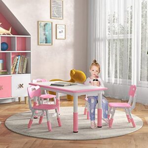 Qaba Kids Table and Chair Set with 4 Chairs, Adjustable Height, Easy to Clean Table Surface, for 1.5-5 Years Old, Pink