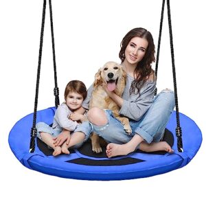 hisecome 40 inch blue saucer tree swing set for kids adults 500lb weight capacity waterproof flying swing seat textilene fabric with adjustable hanging ropes for outdoor playground, backyard