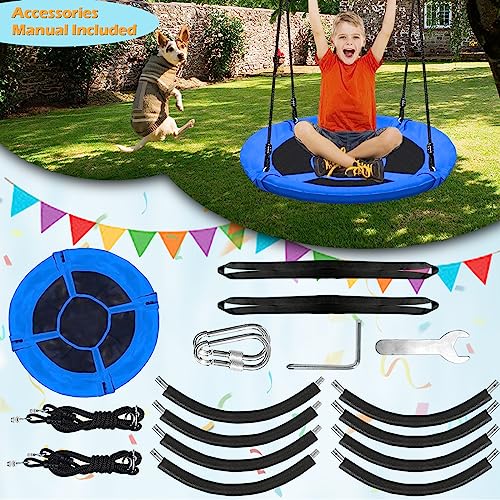 Hisecome 40 Inch Blue Saucer Tree Swing Set for Kids Adults 500lb Weight Capacity Waterproof Flying Swing Seat Textilene Fabric with Adjustable Hanging Ropes for Outdoor Playground, Backyard