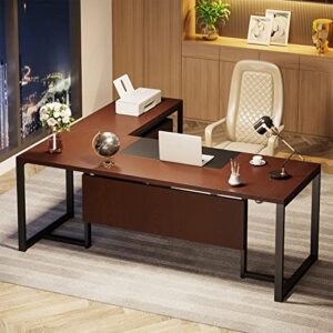 tribesigns 70 inches executive desk with file cabinet, large l shaped desk with storage cabinet, l shaped computer desk with drawer cabinet, dark walnut