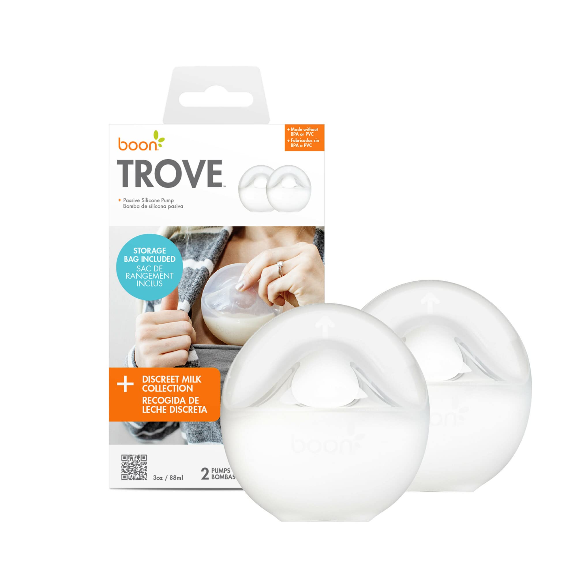 Boon TROVE Silicone Manual Breast Pump with Travel Pouch - Hands Free Breast Pump - Passive Breast Milk Collector Shell for Newborns - Breastfeeding Essentials - 2 Count