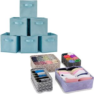 ezoware bundle kit 6 pcs light blue collapsible fabric cube storage bin baskets + 4 closet wardrobe dresser drawer organizer divider for organizing nursery baby clothes