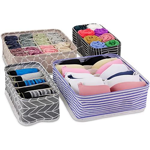 EZOWare Bundle Kit 6 Pcs Light Blue Collapsible Fabric Cube Storage Bin Baskets + 4 Closet Wardrobe Dresser Drawer Organizer Divider For Organizing Nursery Baby Clothes