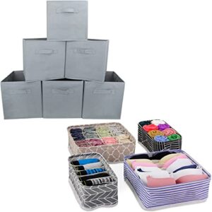 ezoware bundle kit 6 pcs gray collapsible fabric cube storage bin baskets + 4 closet wardrobe dresser drawer organizer divider for organizing nursery baby clothes