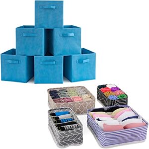 ezoware bundle kit 6 pcs niagara blue collapsible fabric cube storage bin baskets + 4 closet wardrobe dresser drawer organizer divider for organizing nursery baby clothes