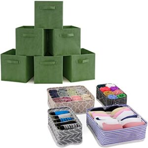 ezoware bundle kit 6 pcs kale green collapsible fabric cube storage bin baskets + 4 closet wardrobe dresser drawer organizer divider for organizing nursery baby clothes