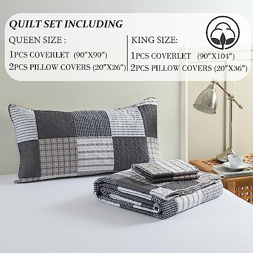 HIARUO Quilt Set Queen Size, 3 Pieces Bedspread Coverlet Plaid Patchwork Quilt Farmhouse Queen Size Comforter Set Lightweight Bedding with 2 Pillow Covers Shams for All Season Gray Brown White
