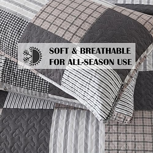 HIARUO Quilt Set Queen Size, 3 Pieces Bedspread Coverlet Plaid Patchwork Quilt Farmhouse Queen Size Comforter Set Lightweight Bedding with 2 Pillow Covers Shams for All Season Gray Brown White