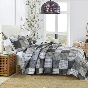 HIARUO Quilt Set Queen Size, 3 Pieces Bedspread Coverlet Plaid Patchwork Quilt Farmhouse Queen Size Comforter Set Lightweight Bedding with 2 Pillow Covers Shams for All Season Gray Brown White