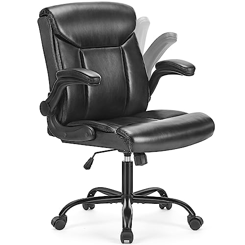 Desk Chair - Office Chair Ergonomic Mid Back Computer Executive Chair Adjustable Managerial Leather Chairs with Flip-up Armrest, Cushion Lumbar Back Support