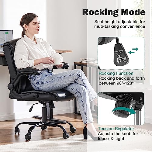 Desk Chair - Office Chair Ergonomic Mid Back Computer Executive Chair Adjustable Managerial Leather Chairs with Flip-up Armrest, Cushion Lumbar Back Support