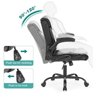 Desk Chair - Office Chair Ergonomic Mid Back Computer Executive Chair Adjustable Managerial Leather Chairs with Flip-up Armrest, Cushion Lumbar Back Support