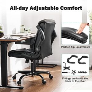 Desk Chair - Office Chair Ergonomic Mid Back Computer Executive Chair Adjustable Managerial Leather Chairs with Flip-up Armrest, Cushion Lumbar Back Support