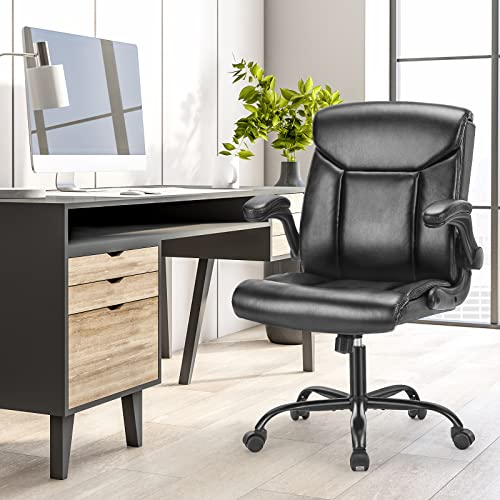 Desk Chair - Office Chair Ergonomic Mid Back Computer Executive Chair Adjustable Managerial Leather Chairs with Flip-up Armrest, Cushion Lumbar Back Support